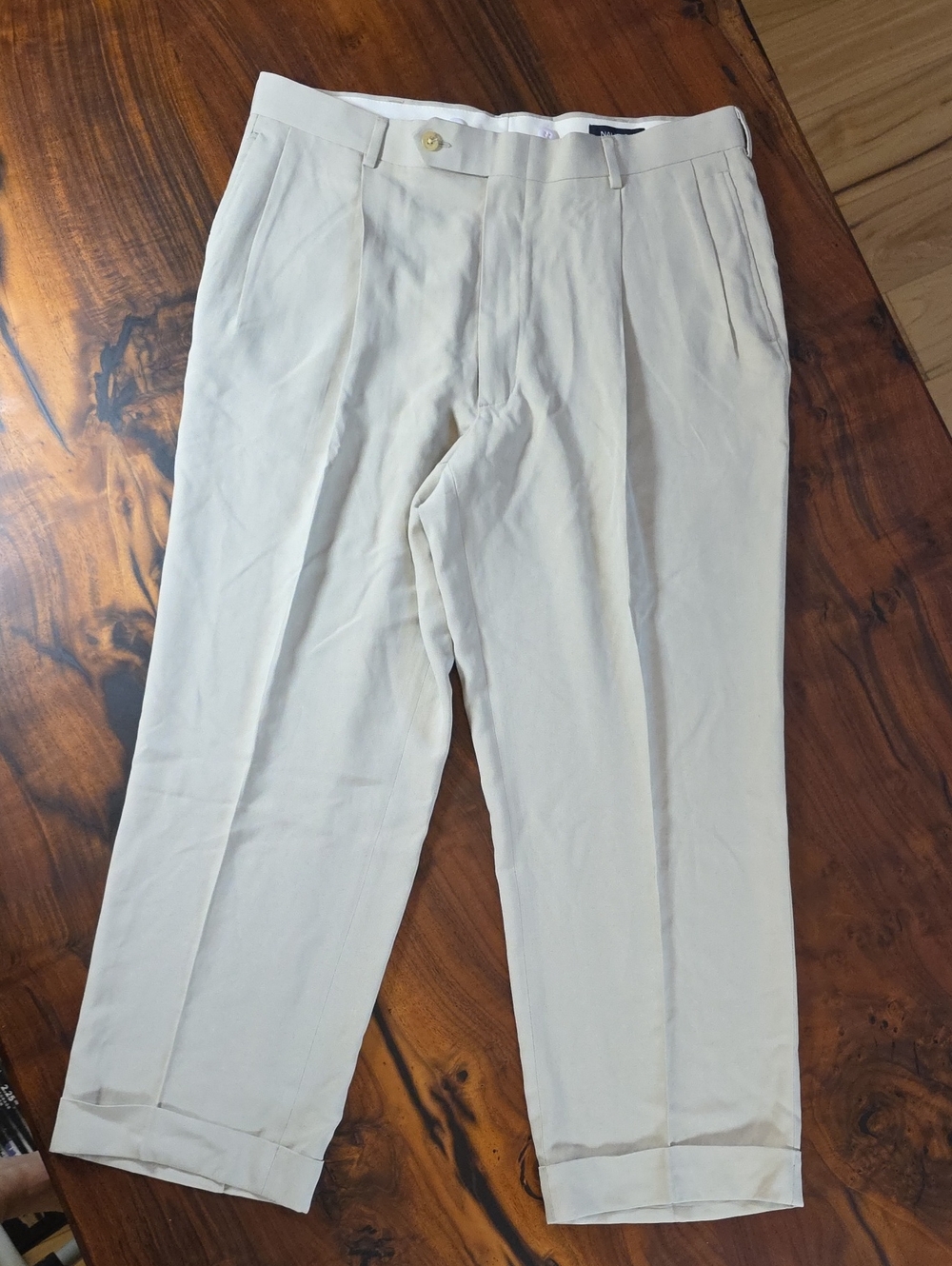 Nautica 100% SILK Men's Cream Pleated Chinos🔥Y2K🔥